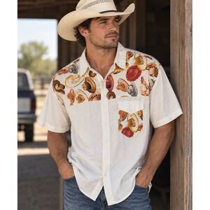 Vintage Tapestry Mens Cream Cowboy Hat Western Button Down Shirt Short Sleeve XL